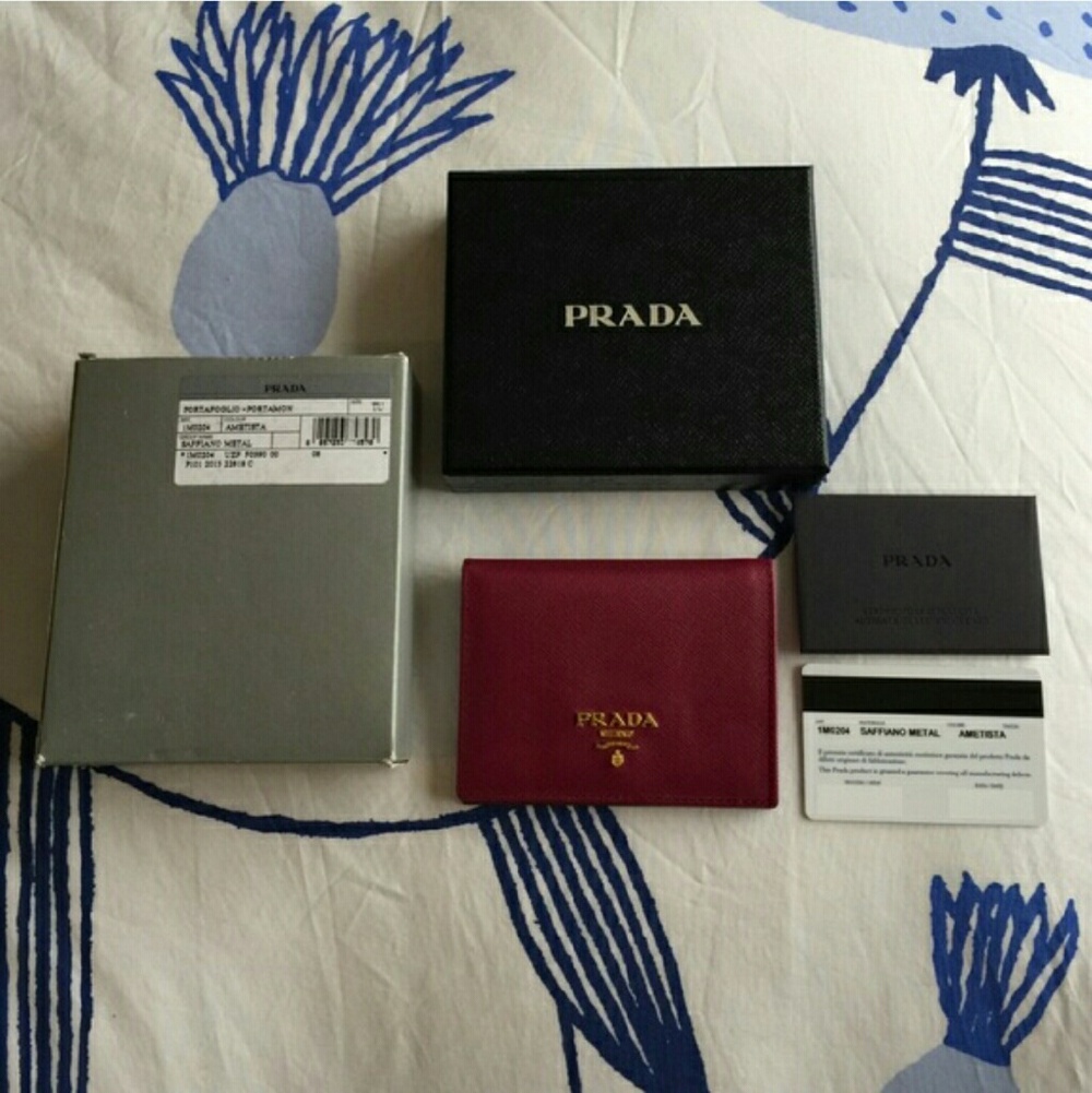 Prada Saffiano Leather Bifold Wallet in Deep Berry Red with Gold Logo